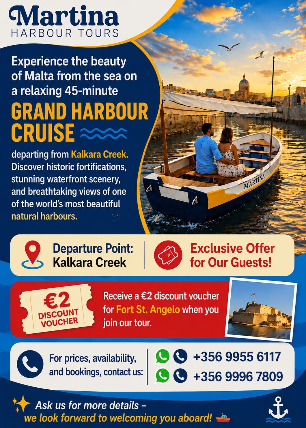 Martina Harbour Tours flyer for the 45-minute Grand Harbour Cruise departing Kalkara Creek
