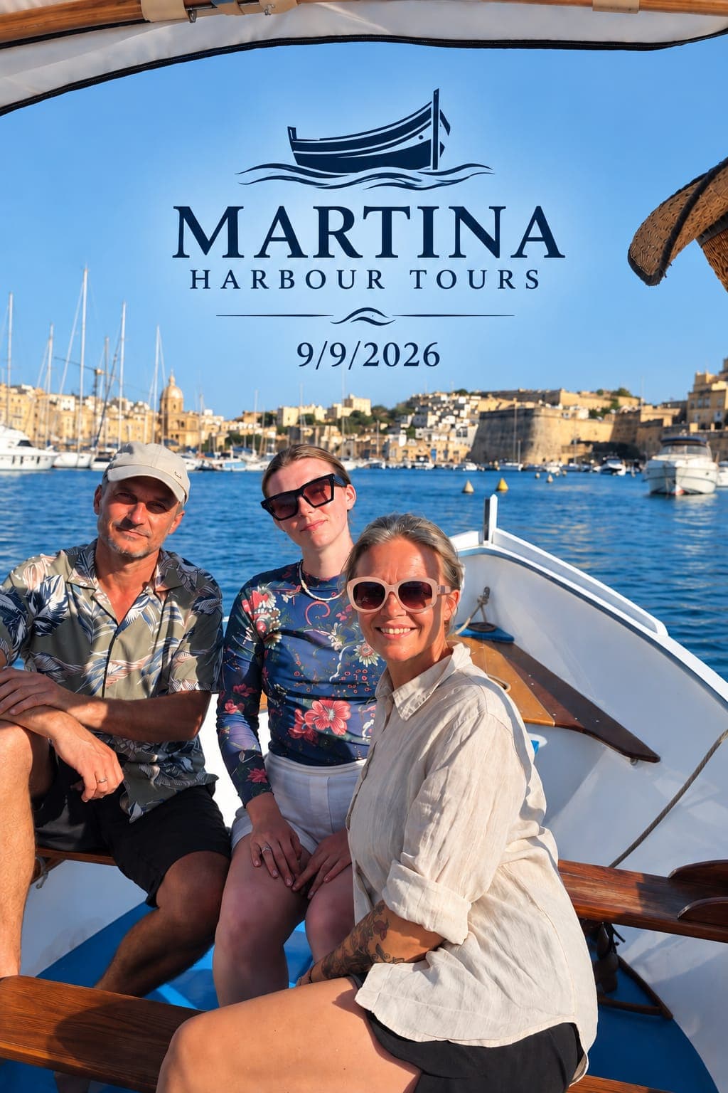 Friends aboard the Martina in front of historic fortifications
