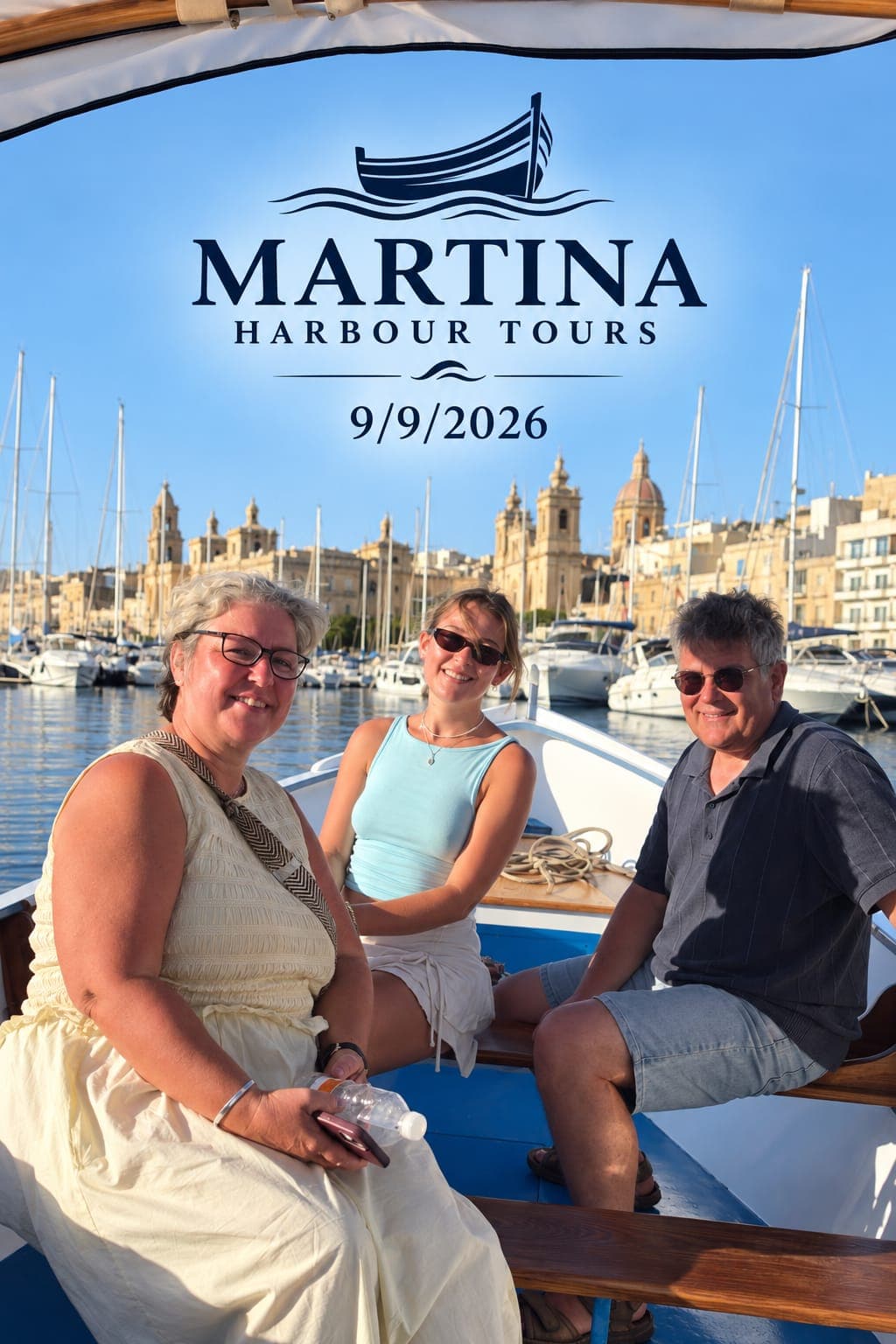 Three guests on the Martina beside the Three Cities marina