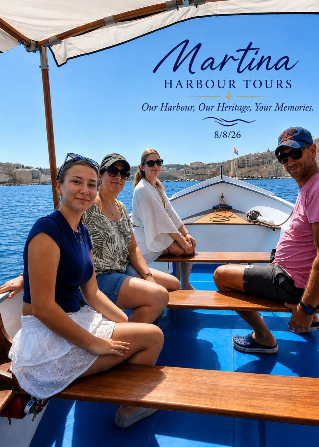 Guests aboard the Martina with Valletta across the harbour