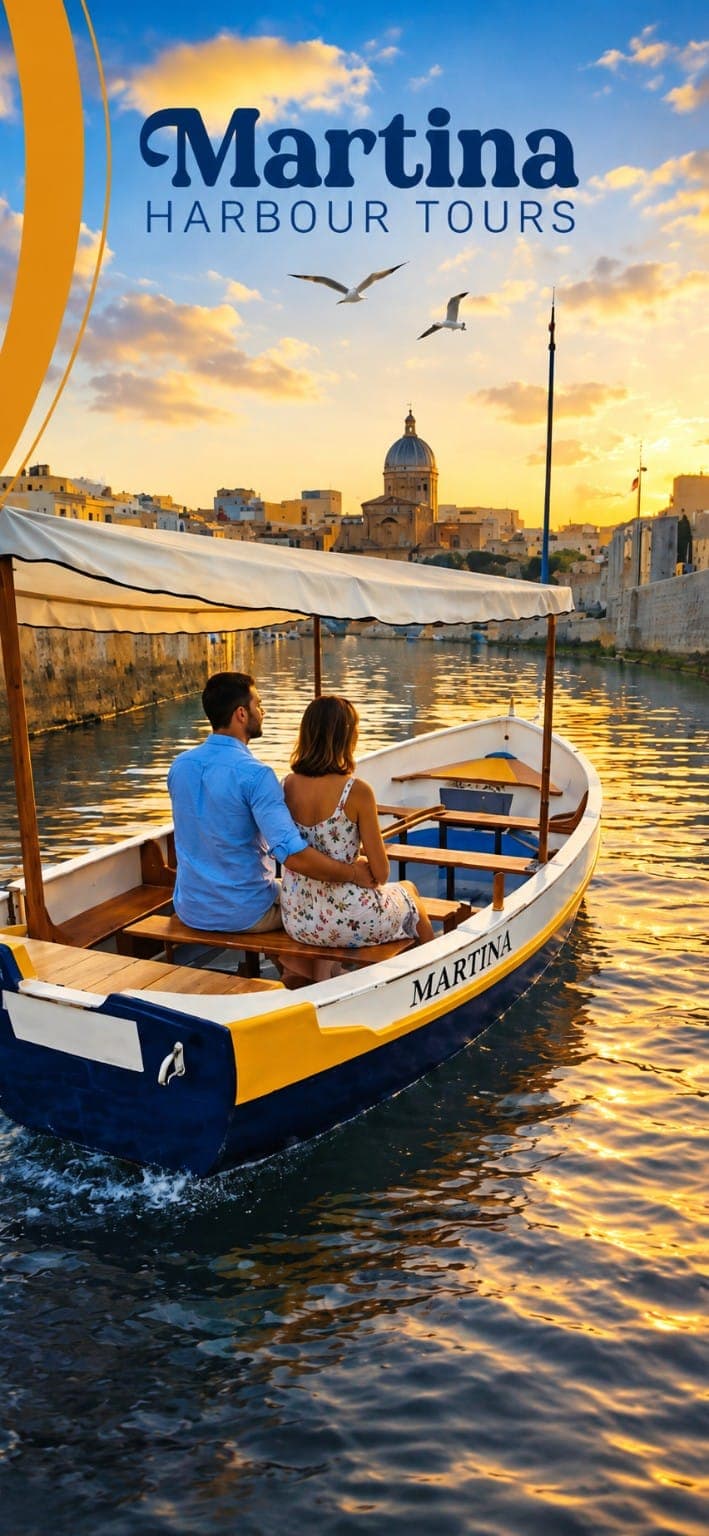 A couple enjoying a sunset cruise aboard the Martina in the Grand Harbour